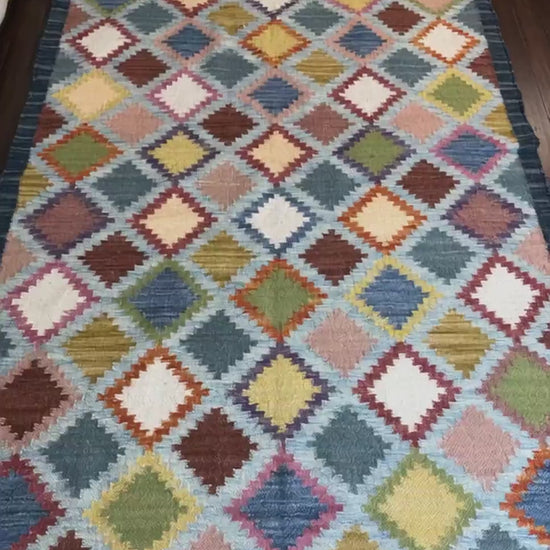 5x8 ft Hand Knotted Kilim Rug: Scandinavian Geometric Wool Flatweave