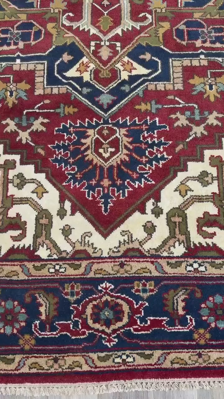 9x12 ft Heriz Serapi Rug: New Hand Knotted Wool Geometric Oriental Large Area Carpet