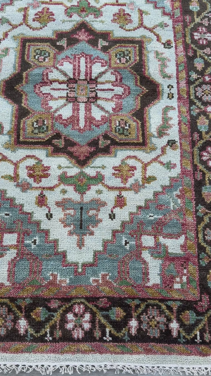4x6 ft Hand-knotted Oushak Turkish Rug: Heriz-Style Wool Carpet