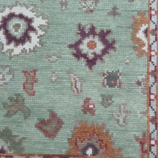 Turkish Oushak Style Rug 3x5, Sage Green Wool Bohemian Accent, Handmade Geometric Design