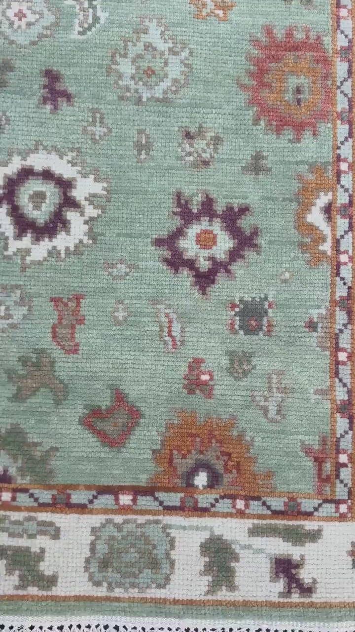 Turkish Oushak Style Rug 3x5, Sage Green Wool Bohemian Accent, Handmade Geometric Design