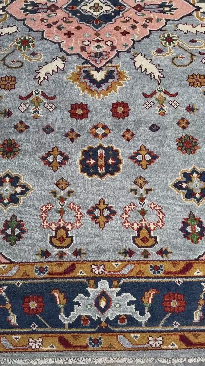 9.4x12 ft Ocean Blue Turkish Oushak Rug: Handmade Modern Multicolored Area Carpet, Contemporary Oriental Design