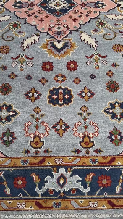 9.4x12 ft Ocean Blue Turkish Oushak Rug: Handmade Modern Multicolored Area Carpet, Contemporary Oriental Design