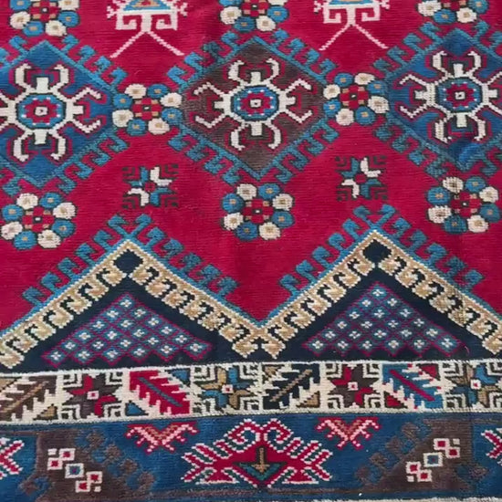 10x7 ft 1940s Hand-Knotted Caucasian Geometric Wool Rug: Vintage Tribal Design
