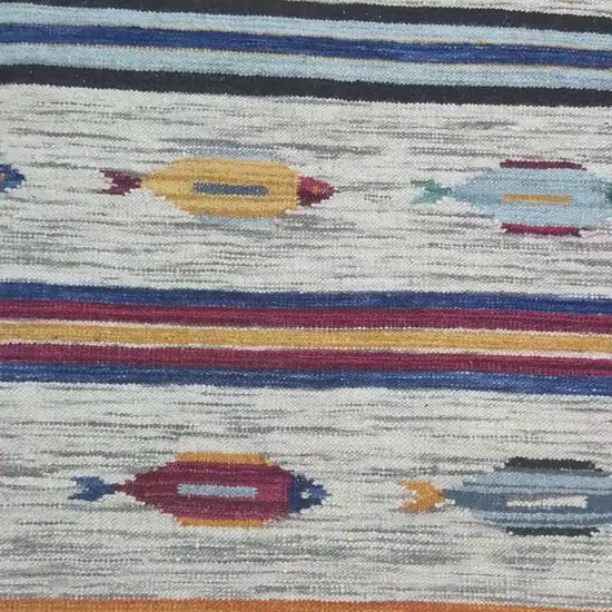 Turkish Kilim 4x6, Tree of Life Fish Design, Handmade Wool Bohemian Flatweave Accent Rug