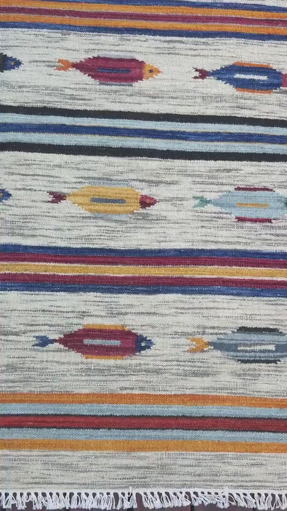 Turkish Kilim 4x6, Tree of Life Fish Design, Handmade Wool Bohemian Flatweave Accent Rug