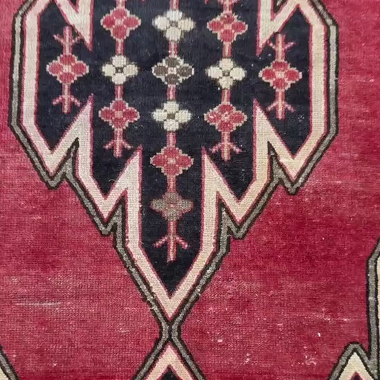 Vintage 1930s Turkish Wool Rug: 3x6 ft Farmhouse Geometric Hand-Knotted Carpet