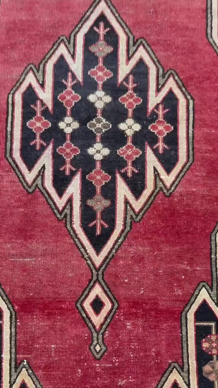 Vintage 1930s Turkish Wool Rug: 3x6 ft Farmhouse Geometric Hand-Knotted Carpet