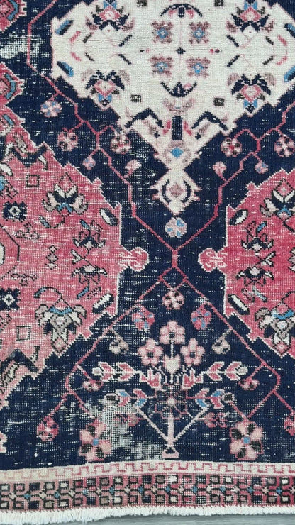 Vintage Turkish Anatolian Rug 4.1x5 ft Hand Knotted Wool Tribal Geometric Rug 1960s