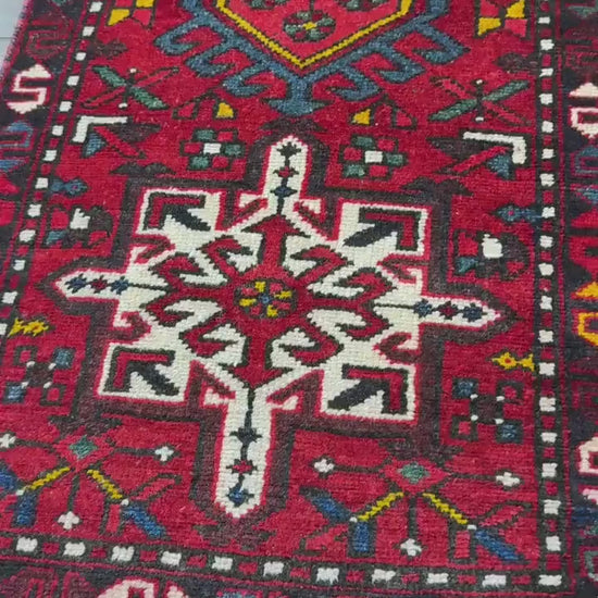 8x2 ft Vintage 1980s Heriz Runner Rug: Hand Knotted Wool Tribal Carpet, Narrow Hallway Rug