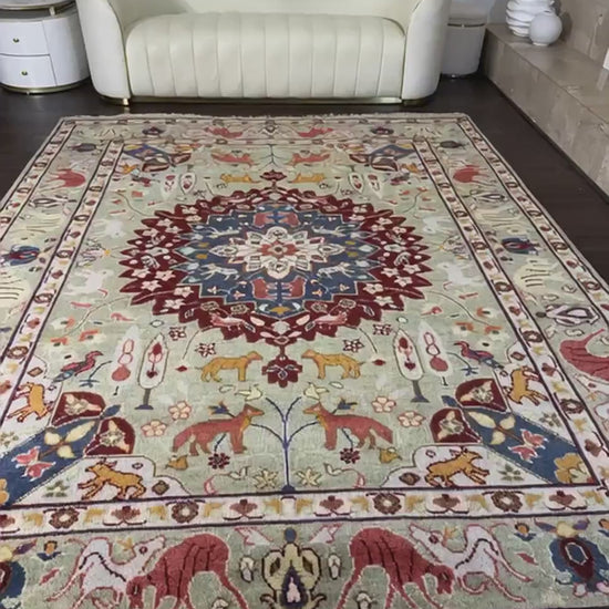 8x10 ft Hand-Knotted Oushak Wool Rug: Tree of Life Bohemian Carpet