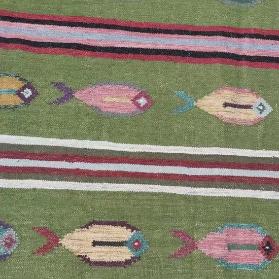 6x9 ft Handwoven Kilim Rug: Wool Geometric Flatweave Fish Design
