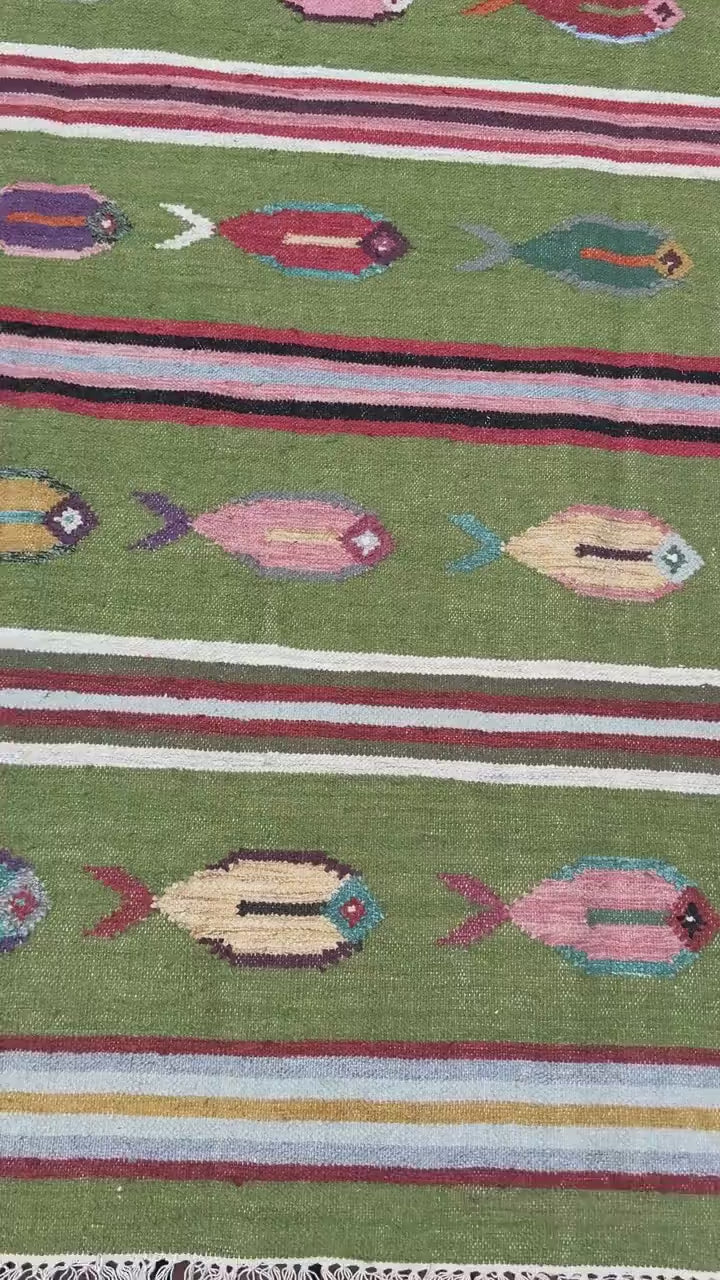 6x9 ft Handwoven Kilim Rug: Wool Geometric Flatweave Fish Design