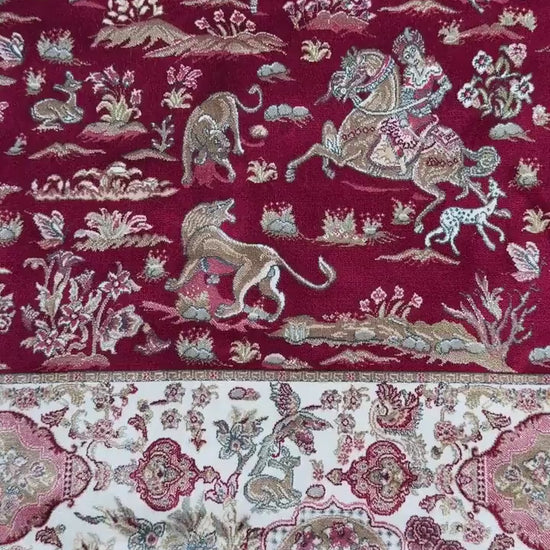 5x3 ft Signed Quomm Silk Rug: Hand Knotted Power Loomed Hunting Scene Carpet
