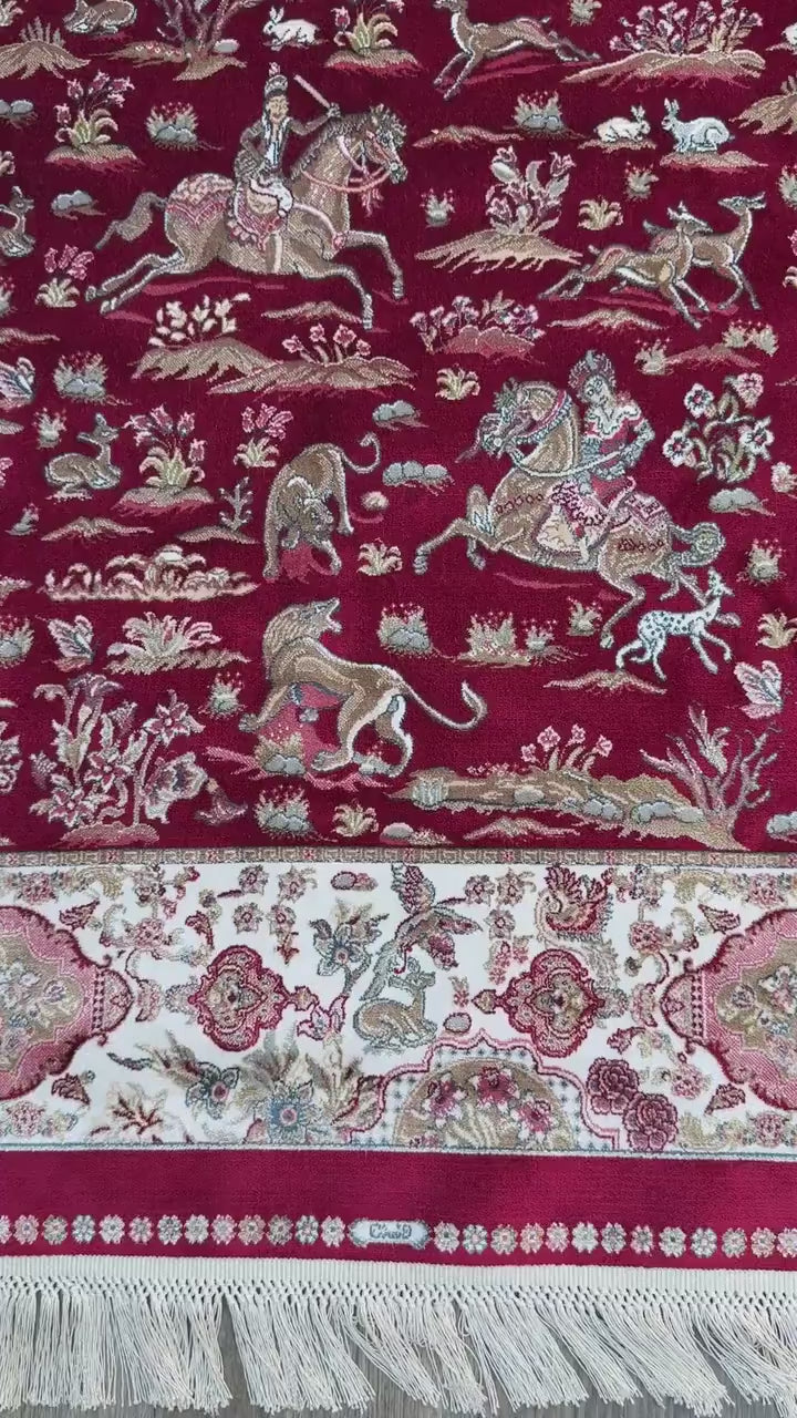 5x3 ft Signed Quomm Silk Rug: Hand Knotted Power Loomed Hunting Scene Carpet
