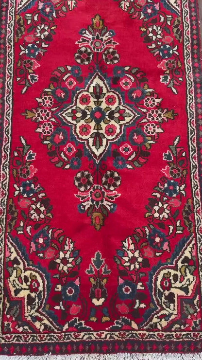 4x2 ft Vintage Hamadan Wool Rug: Hand-Knotted Oriental Carpet
