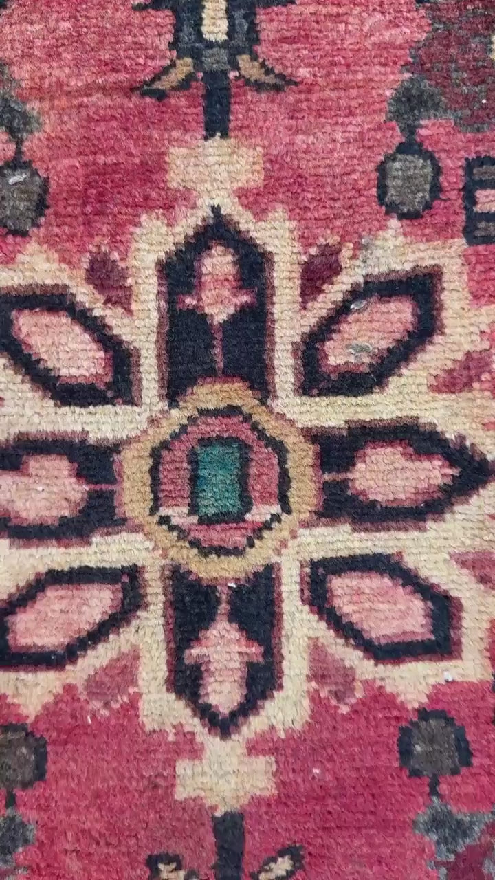 1.10 x 3.2 ft Vintage Wool Runner: 1930s Geometric Farmhouse Rug