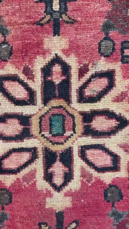 1.10 x 3.2 ft Vintage Wool Runner: 1930s Geometric Farmhouse Rug