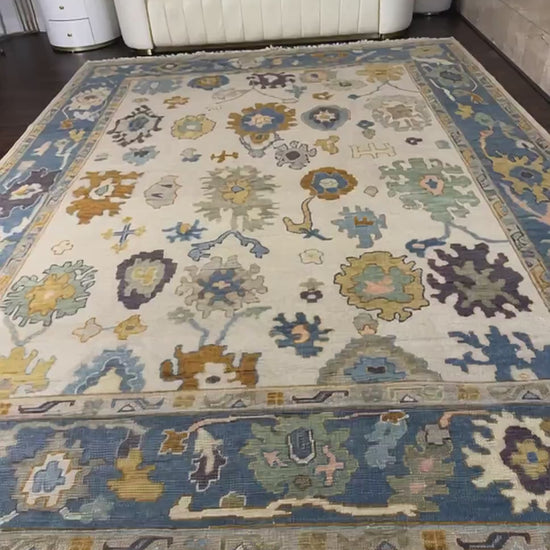 9x12 ft Handmade Oushak Rug: Modern Bohemian Wool Carpet