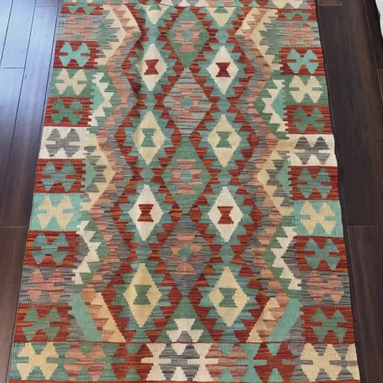 3.5x5 ft Hand-Knotted Wool Chobi Kilim Rug: Geometric Tribal Design