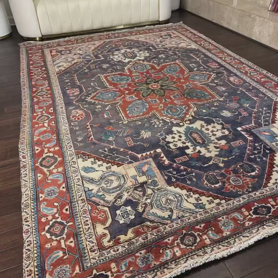10x7 ft Vintage Heriz Wool Rug: Hand-Knotted Tribal Carpet