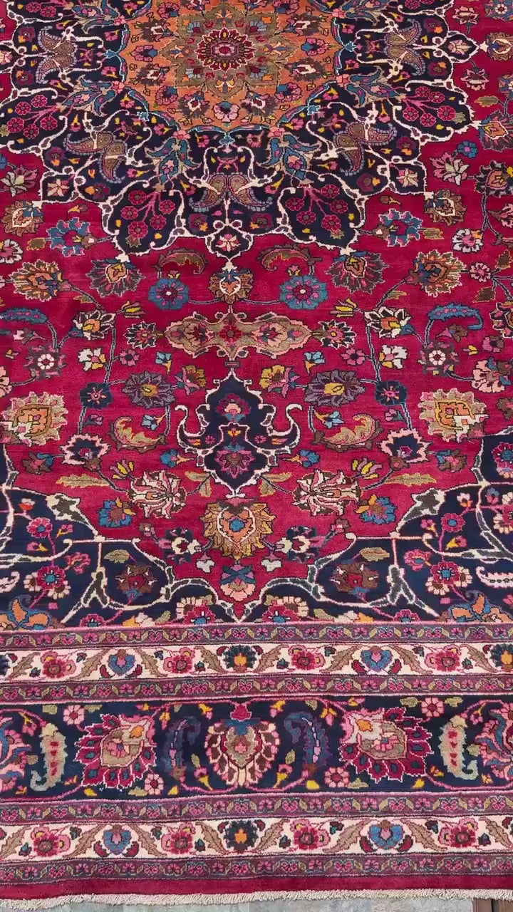 10x13.2 ft Signed 1940s Vintage Tabriz Rug: Royal Design Bohemian Hand Knotted Wool Oriental Large Carpet