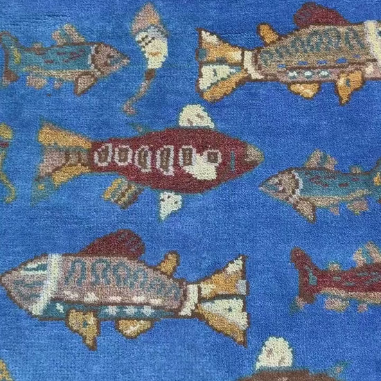 Hand-Knotted Wool Oushak Runner Rug: Fish & Sea Design (2.7x8 Ft)