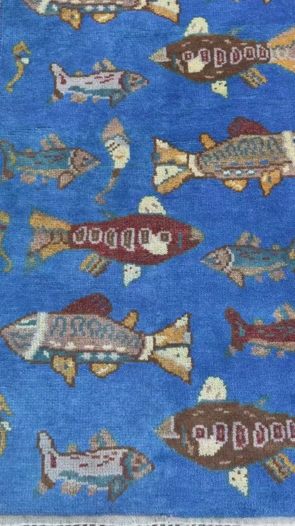 Hand-Knotted Wool Oushak Runner Rug: Fish & Sea Design (2.7x8 Ft)