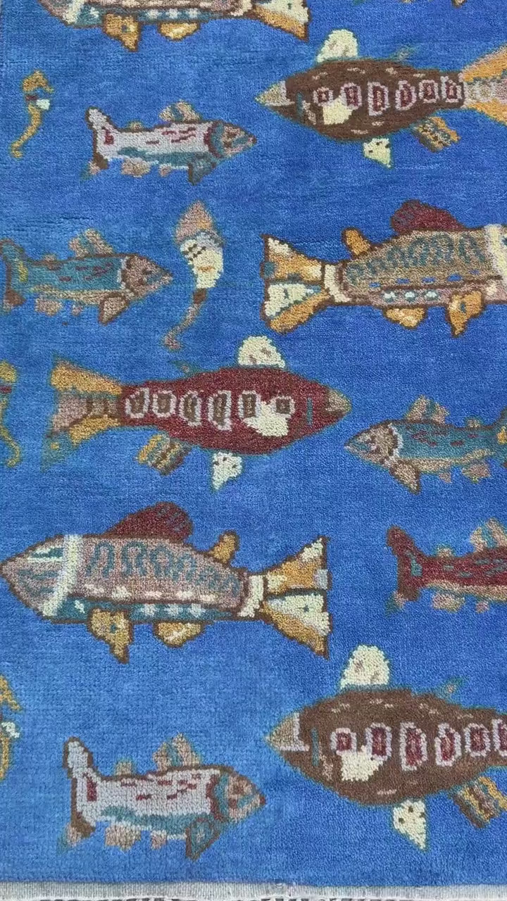 Hand-Knotted Wool Oushak Runner Rug: Fish & Sea Design (2.7x8 Ft)
