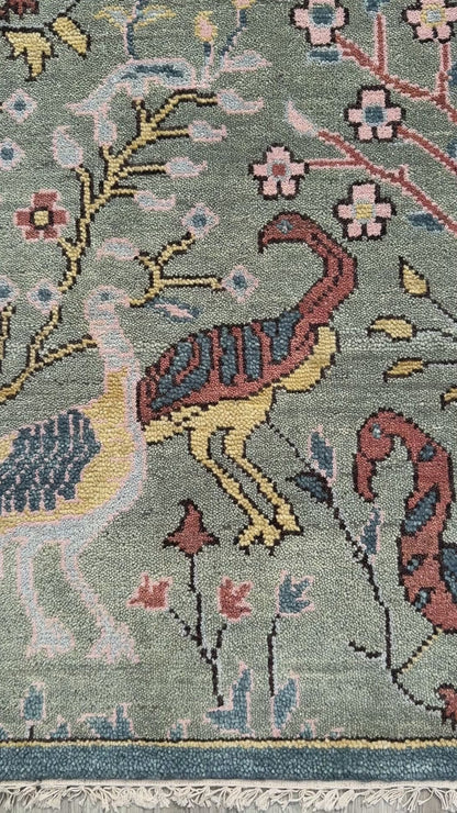 Turkish Oushak Rug 4x6 ft – Tree of Life Birds Design, Wool Area Rug