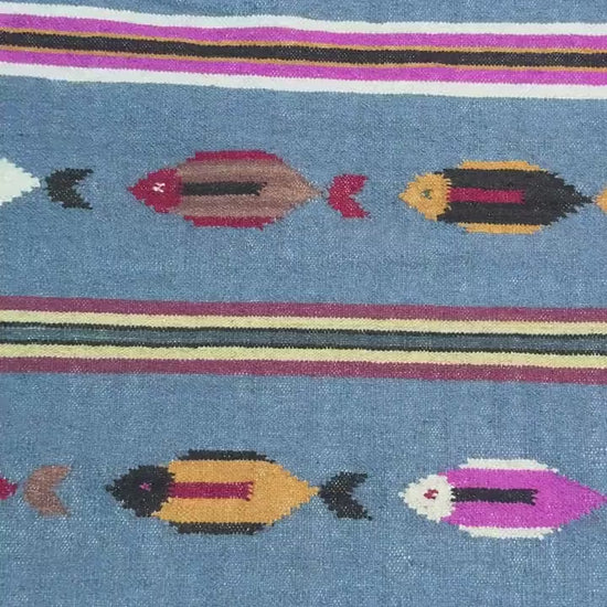 Turkish Kilim 4x6, Tree of Life Fish Design, Handmade Wool Bohemian Flatweave Accent Rug