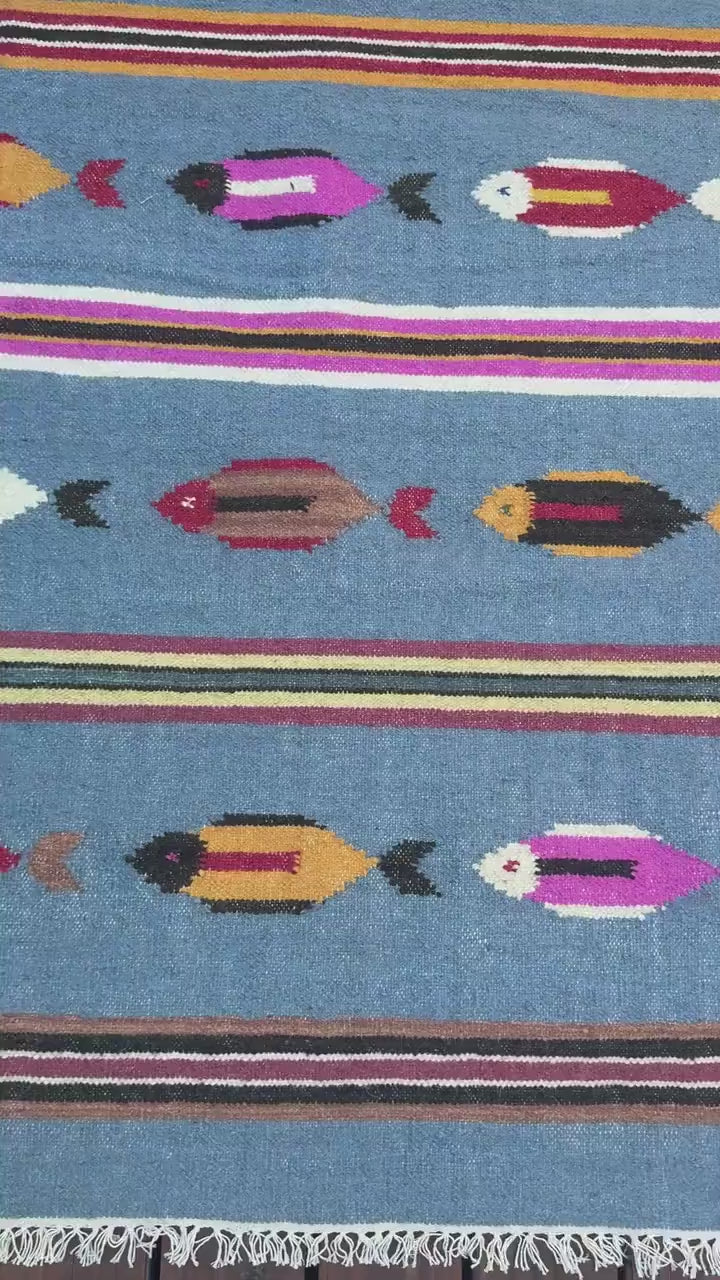 Turkish Kilim 4x6, Tree of Life Fish Design, Handmade Wool Bohemian Flatweave Accent Rug