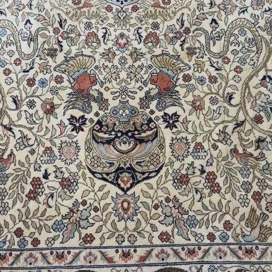 8x4 ft Vintage Wool Rug: Hand Knotted Hunting Scene Carpet with Medallion Design