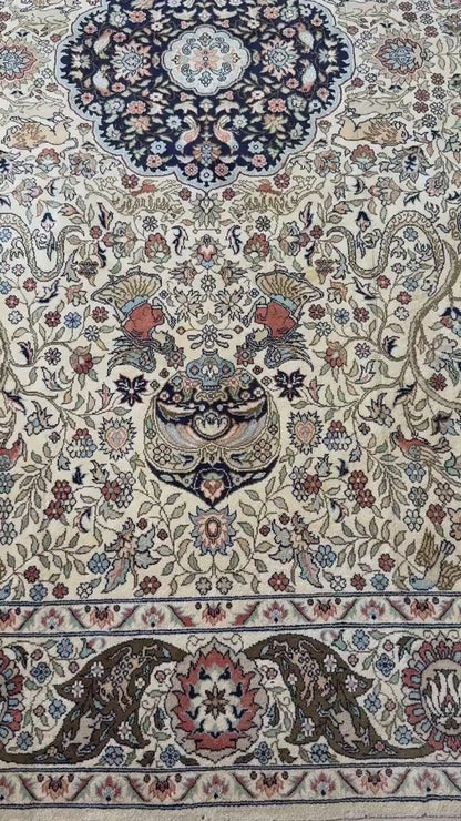 8x4 ft Vintage Wool Rug: Hand Knotted Hunting Scene Carpet with Medallion Design