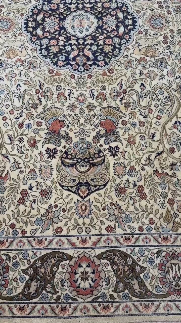 8x4 ft Vintage Wool Rug: Hand Knotted Hunting Scene Carpet with Medallion Design