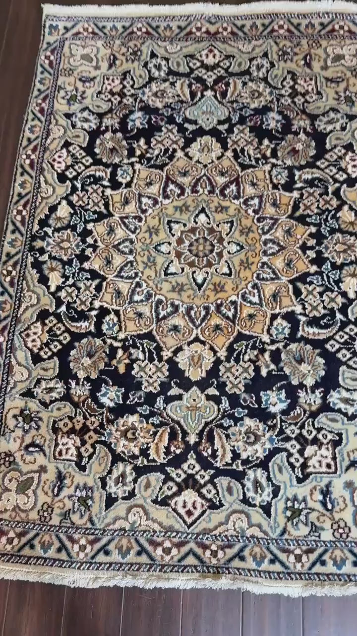 4x3 ft. Vintage Naeen Rug: 1960s Hand-Knotted Wool & Silk Oriental Carpet
