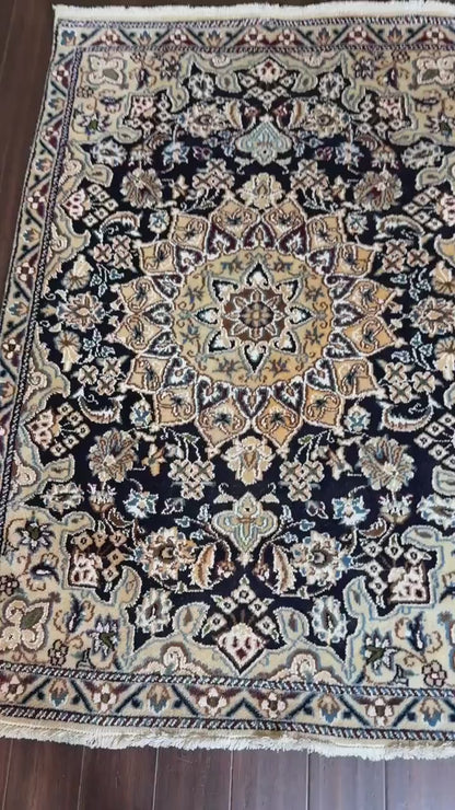 4x3 ft. Vintage Naeen Rug: 1960s Hand-Knotted Wool & Silk Oriental Carpet