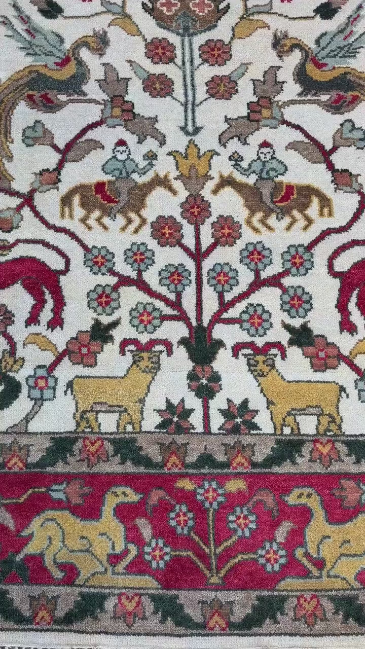 8x10 ft Handmade Oushak Wool Rug: Multicolored Tree of Life Design