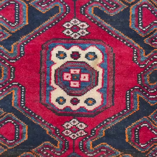 4x3 ft Vintage 1950s Hamadan/Qashqai  Wool Rug: Hand Knotted Carpet, Geometric Accent