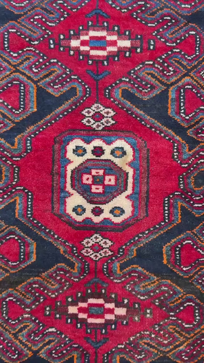 4x3 ft Vintage 1950s Hamadan/Qashqai  Wool Rug: Hand Knotted Carpet, Geometric Accent