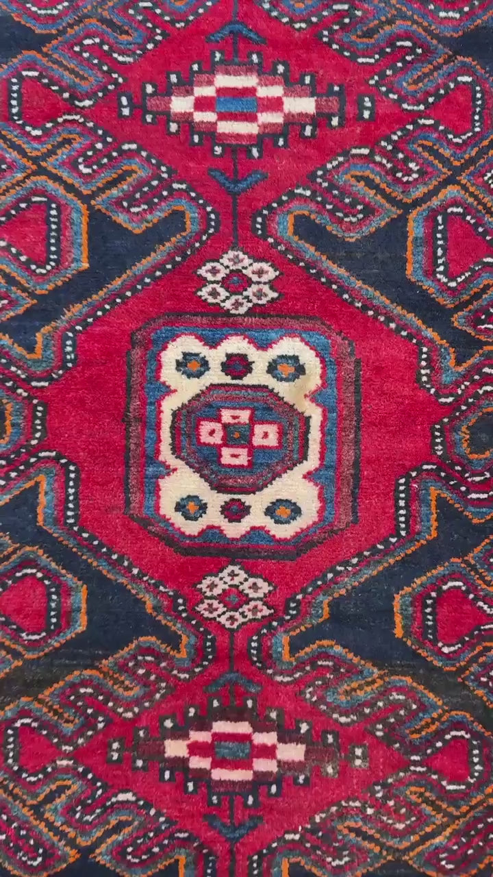 4x3 ft Vintage 1950s Hamadan/Qashqai  Wool Rug: Hand Knotted Carpet, Geometric Accent