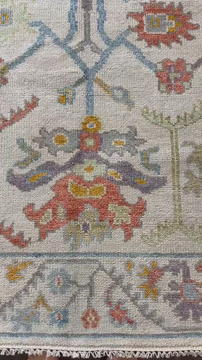 6x9 ft Pastel Oushak Hand Knotted Rug: Beige Wool Bohemian Carpet