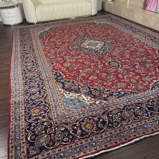 10x14 ft. 1940s Kashan Wool Rug: Antique Hand-Knotted Carpet