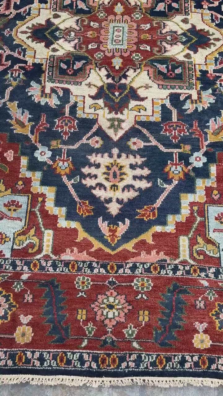 9x12 ft Serapi Heriz Rug: Hand Knotted Wool Carpet, Vibrant Color Geometric Oriental Large Area Rug