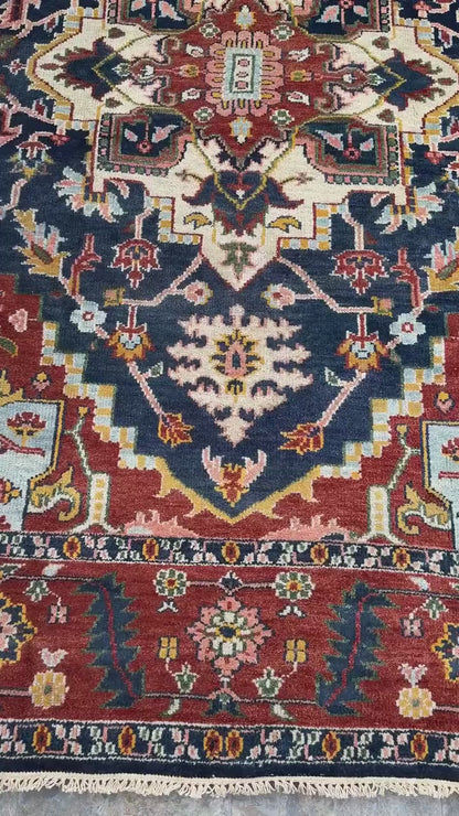 9x12 ft Serapi Heriz Rug: Hand Knotted Wool Carpet, Vibrant Color Geometric Oriental Large Area Rug