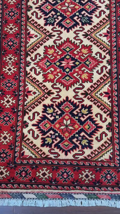 2x4 ft 1950s Hand-Knotted Kazak Wool Rug Vintage Tribal Carpet