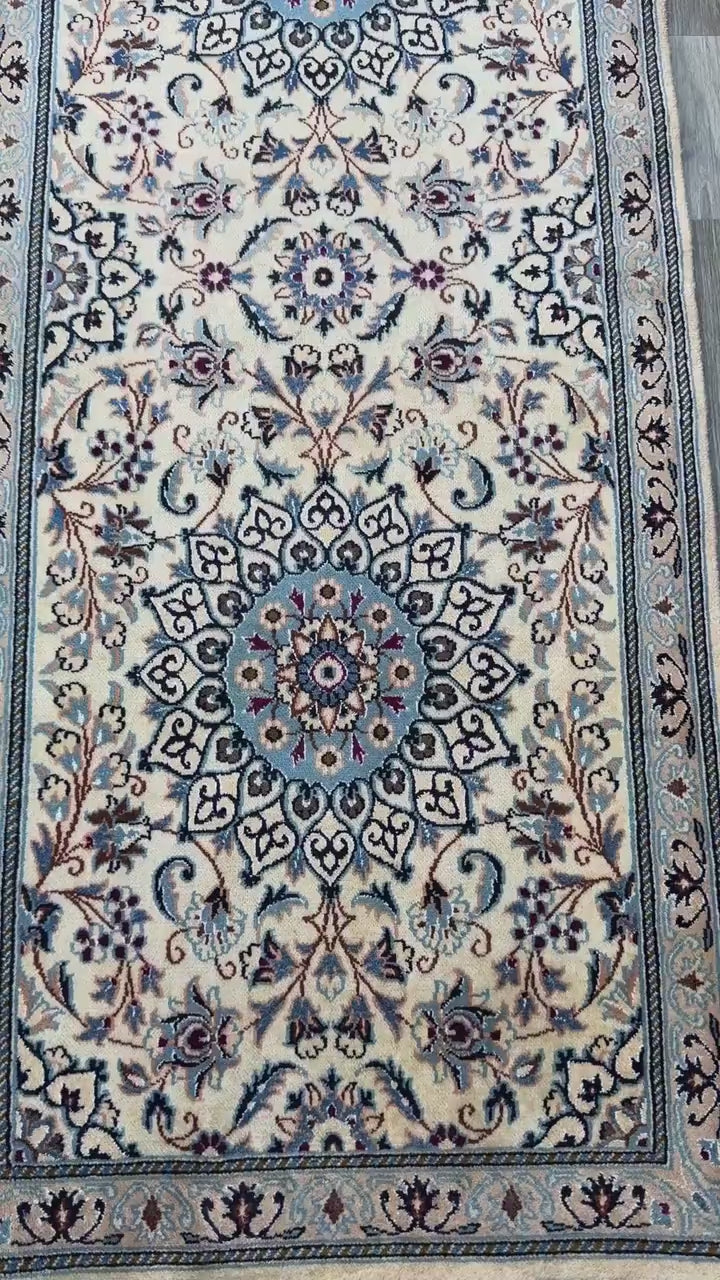 9.5x2.8 ft Vintage 1970s Pastel Nain Hand Knotted Rug: Wool & Silk Touch Runner Carpet
