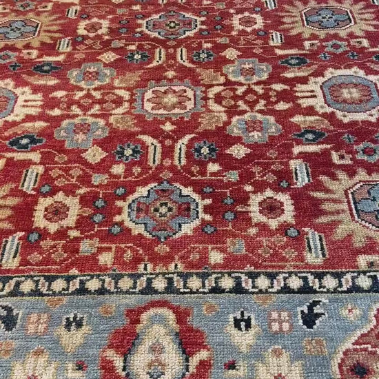 9x12 ft. Turkish Heriz Rug: Hand-Knotted Wool, Red & Blue Oushak Style