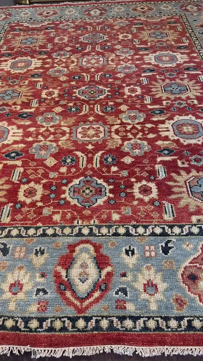 9x12 ft. Turkish Heriz Rug: Hand-Knotted Wool, Red & Blue Oushak Style