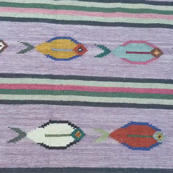 Modern Anatolian Kilim 6x9, Flatweave Wool Fish Design, Handmade Geometric Boho Area Rug
